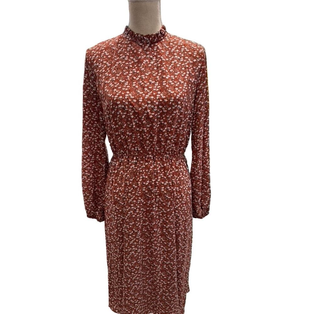Brown‎ sheer ,Prairie dress w/ white flowers, Bishop Sleeve, Fall ,Thanksgiving